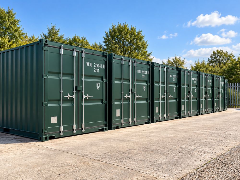 Green steel storage containers stacked in a yard
